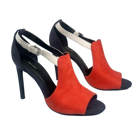 Zara Color Block Suede Stiletto Sandals Blue White Orange Open Toe Sexy 40 (9.5) - Picture 1 of 9